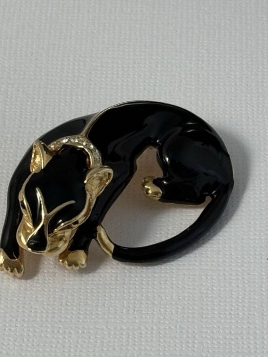 Gerry'S Jewelry - Vintage GERRY'S Black Enamel Panther Brooch Pin Gold Tone Rhinestone Collar Cat